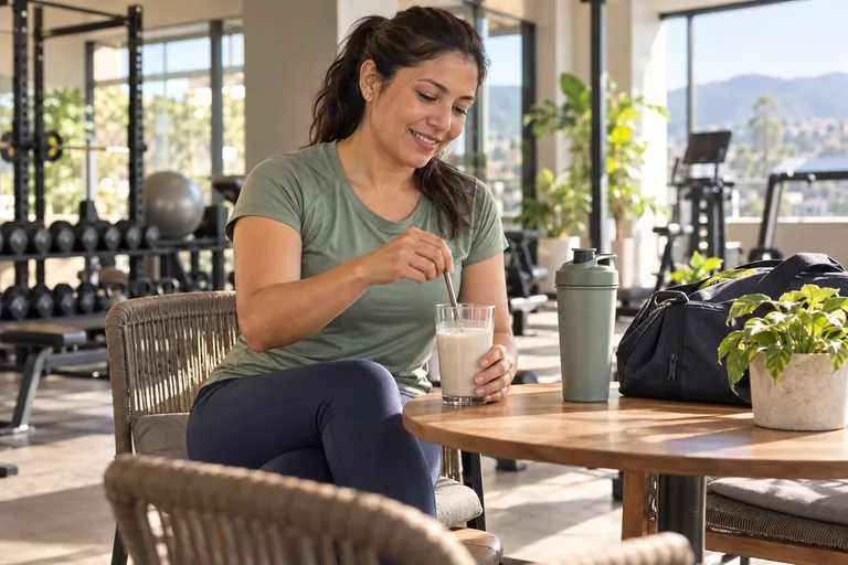 Mujer preparando una bebida durante una pausa después de entrenar