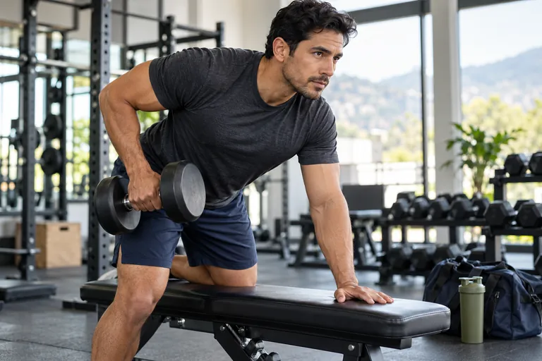 Hombre realizando una sesión de fuerza con mancuerna en un gimnasio